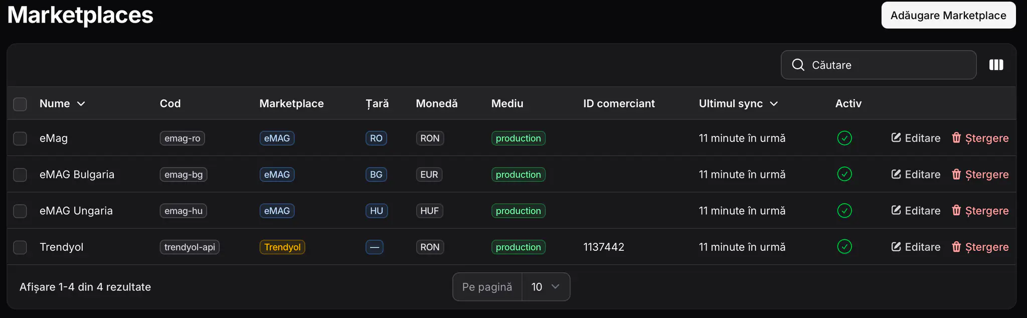 Lista de marketplace-uri conectate la Aesthia: eMAG România, eMAG Bulgaria, eMAG Ungaria și Trendyol, toate sincronizate