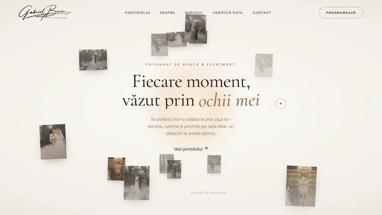 Pagina principală Gabriel Baciu Photography cu colaj de fotografii de nuntă în stil polaroid