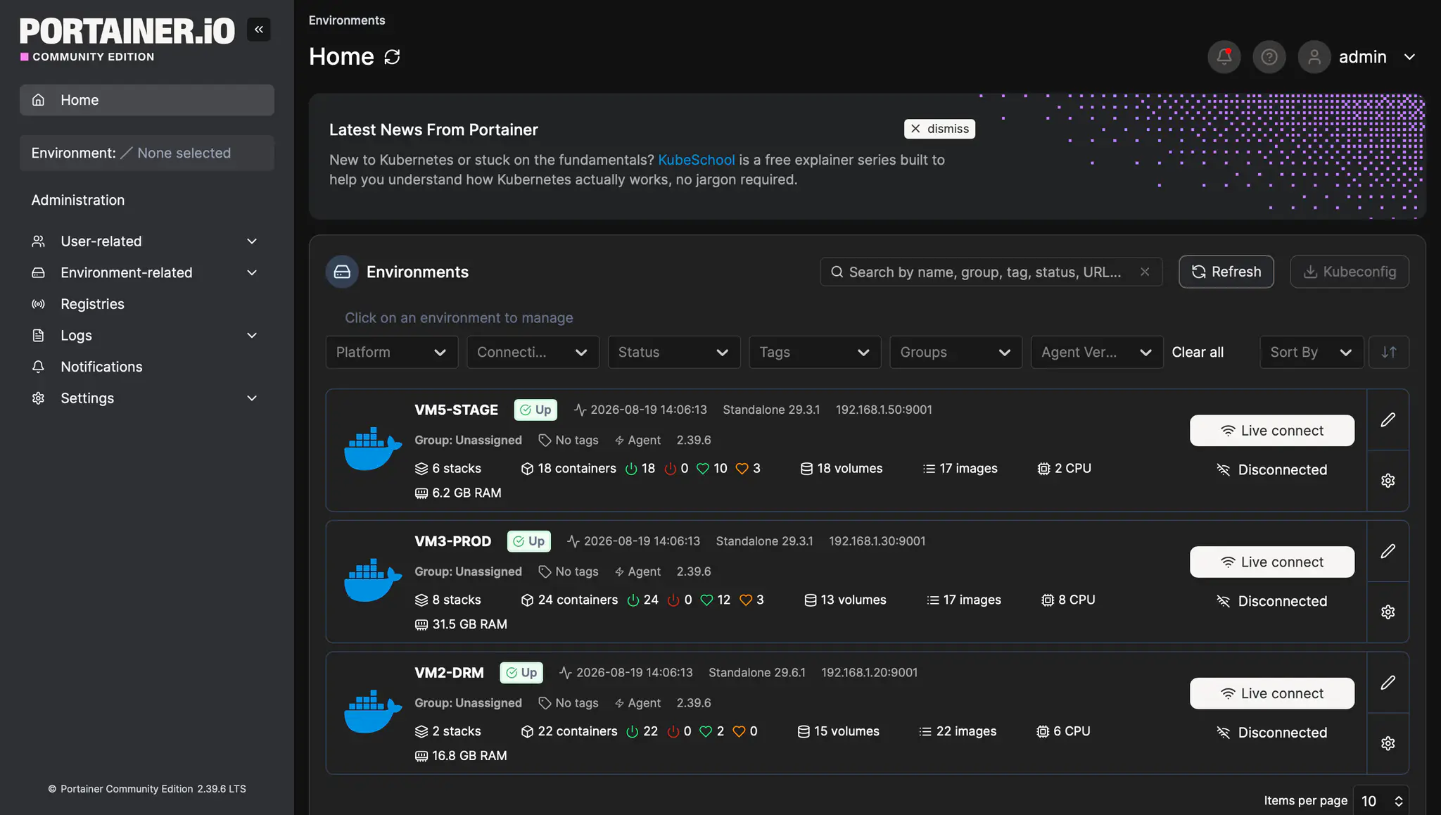 Portainer cu stack-uri Docker pentru staging și producție și resurse alocate per container