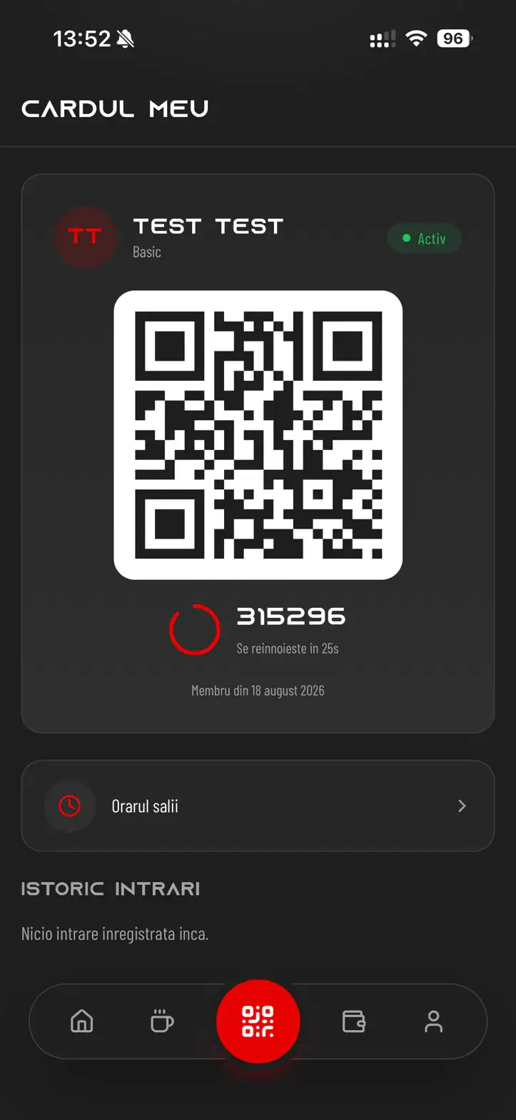Cardul de acces Titan cu cod QR rotativ și istoricul intrărilor în sală